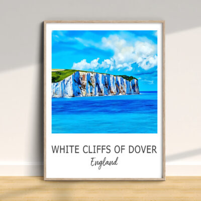 Framed painting of White Cliffs of Dover, England.