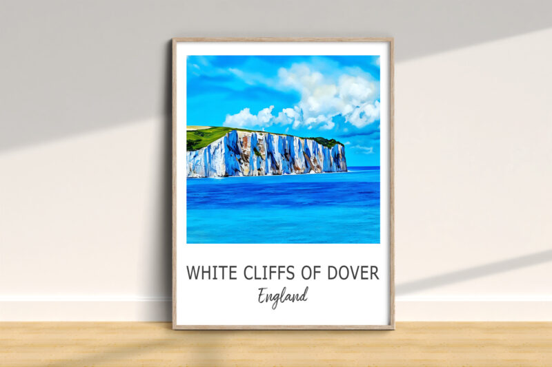 Framed painting of White Cliffs of Dover, England.
