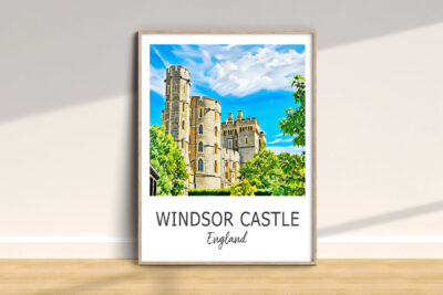 Windsor Castle illustration with blue sky and trees.