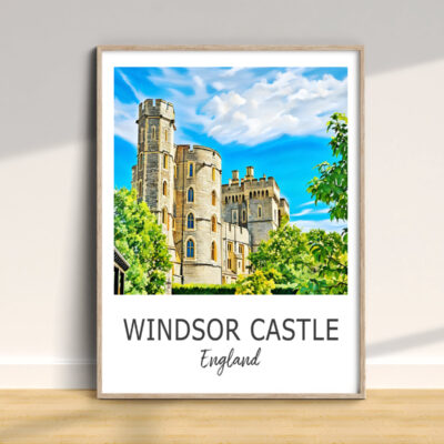 Windsor Castle illustration with blue sky and trees.