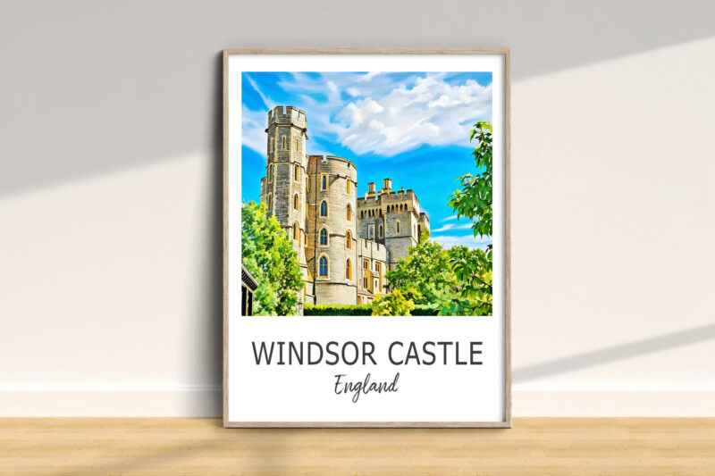 Windsor Castle illustration with blue sky and trees.