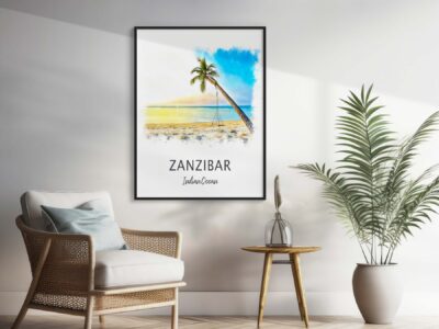 Cozy room with Zanzibar beach poster, chair, plant.