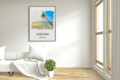 Minimalist room with Zanzibar beach artwork