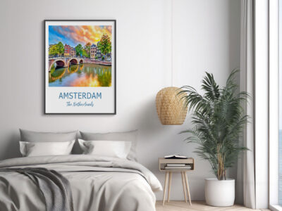 Cozy bedroom with Amsterdam artwork and plants.