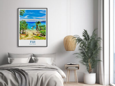 Fiji poster on bedroom wall with ocean view.