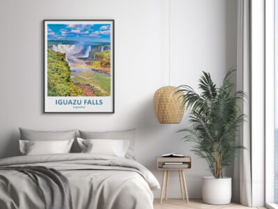 Modern bedroom with Iguazu Falls poster on wall.