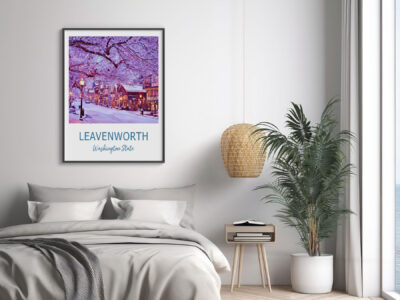 Leavenworth Washington State poster in stylish bedroom.