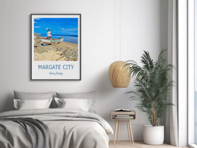 Margate City beach scene artwork in bedroom decor.
