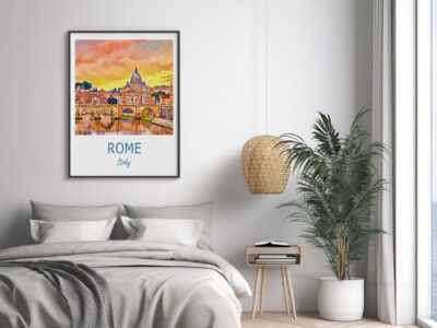 Cozy bedroom with Rome artwork on wall.
