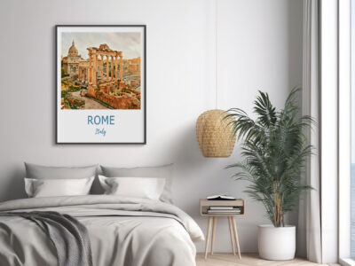 Bedroom with Rome artwork and greenery decor.
