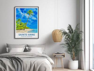 Sainte-Anne beach poster in modern bedroom decor.