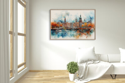 Cozy lounge with cityscape painting and plant