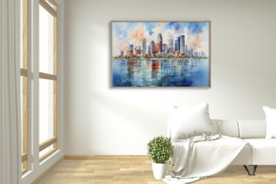 Modern living room with cityscape painting