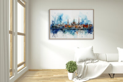 Modern living room with cityscape painting.