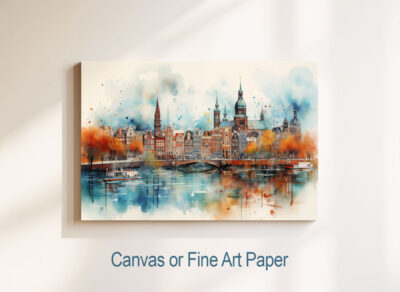 Watercolor cityscape art on canvas or paper