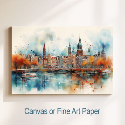 Watercolor cityscape art on canvas or paper