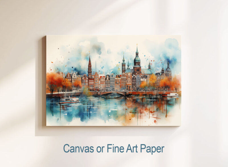 Watercolor cityscape art on canvas or paper