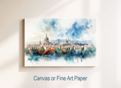 Watercolor cityscape with domed architecture