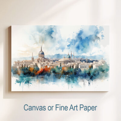 Watercolor cityscape with domed architecture