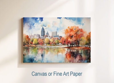 Watercolor cityscape painting of autumn trees and lake.