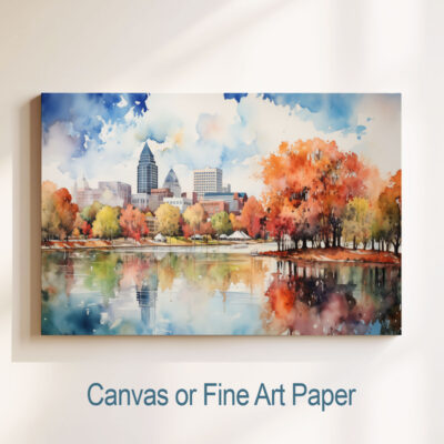 Watercolor cityscape painting of autumn trees and lake.