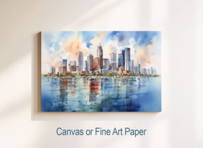 Watercolor cityscape art on canvas with reflection.