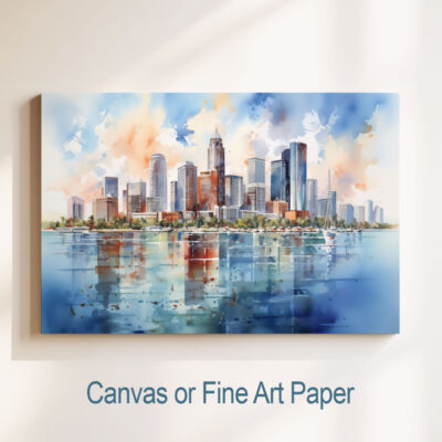 Watercolor cityscape art on canvas with reflection.