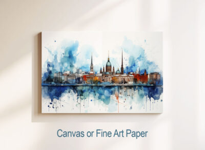 Watercolor cityscape painting on canvas or paper.