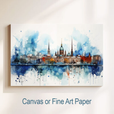 Watercolor cityscape painting on canvas or paper.