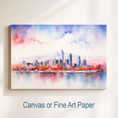 Colorful city skyline painting on canvas or paper.