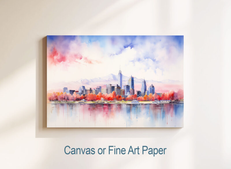 Colorful city skyline painting on canvas or paper.