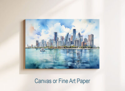 Canvas art of city skyline with water reflection.