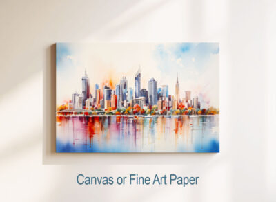 Colorful urban skyline watercolor painting on canvas