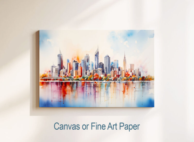 Colorful urban skyline watercolor painting on canvas