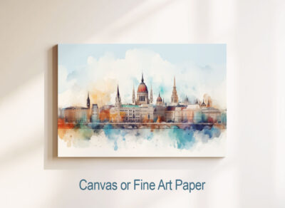 Watercolor cityscape on canvas art print.