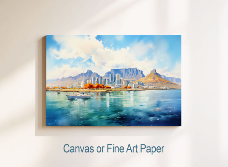 Painting of city with boats and mountains.