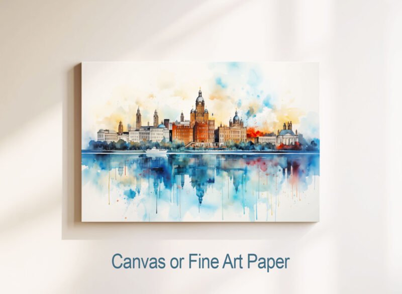 Watercolor cityscape reflected on art canvas.