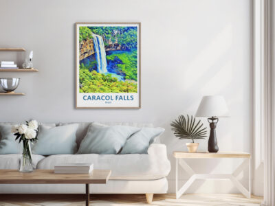 Living room with Caracol Falls poster on wall.