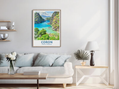 Living room with Coron Palawan poster on wall.