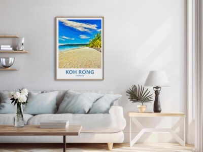 Modern living room with Koh Rong beach artwork.