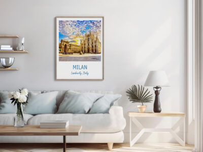 Living room with framed Milan photo on wall.