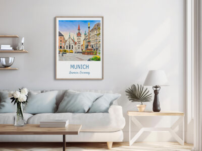 Living room with Munich poster on wall