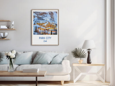 Modern living room with Park City art print.