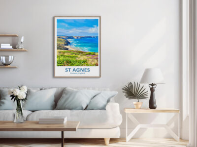 Cozy living room with St Agnes poster on wall.