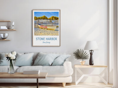 Living room with Stone Harbor beach poster.