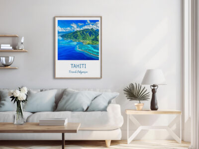 Living room with Tahiti landscape poster.