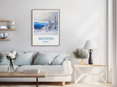 Living room with Whitefish Montana poster art.
