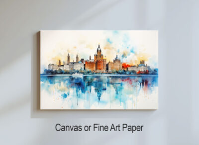 Watercolor cityscape on canvas or fine art paper.
