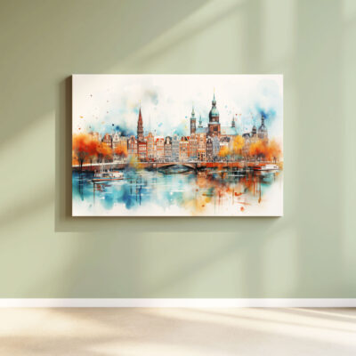 Colorful cityscape painting on wall