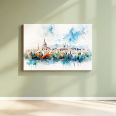 Watercolor cityscape painting on a green wall.